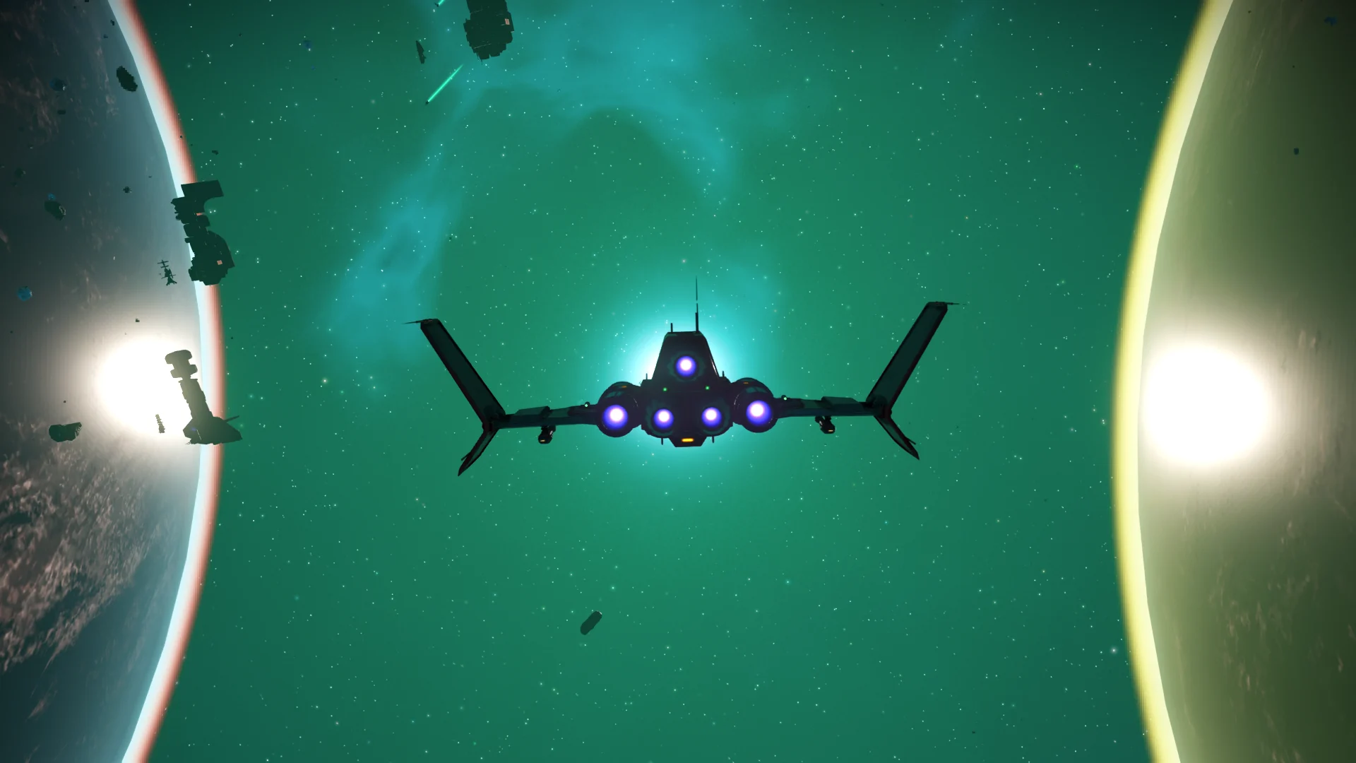 A starship passing through a luminous gap between two planets
