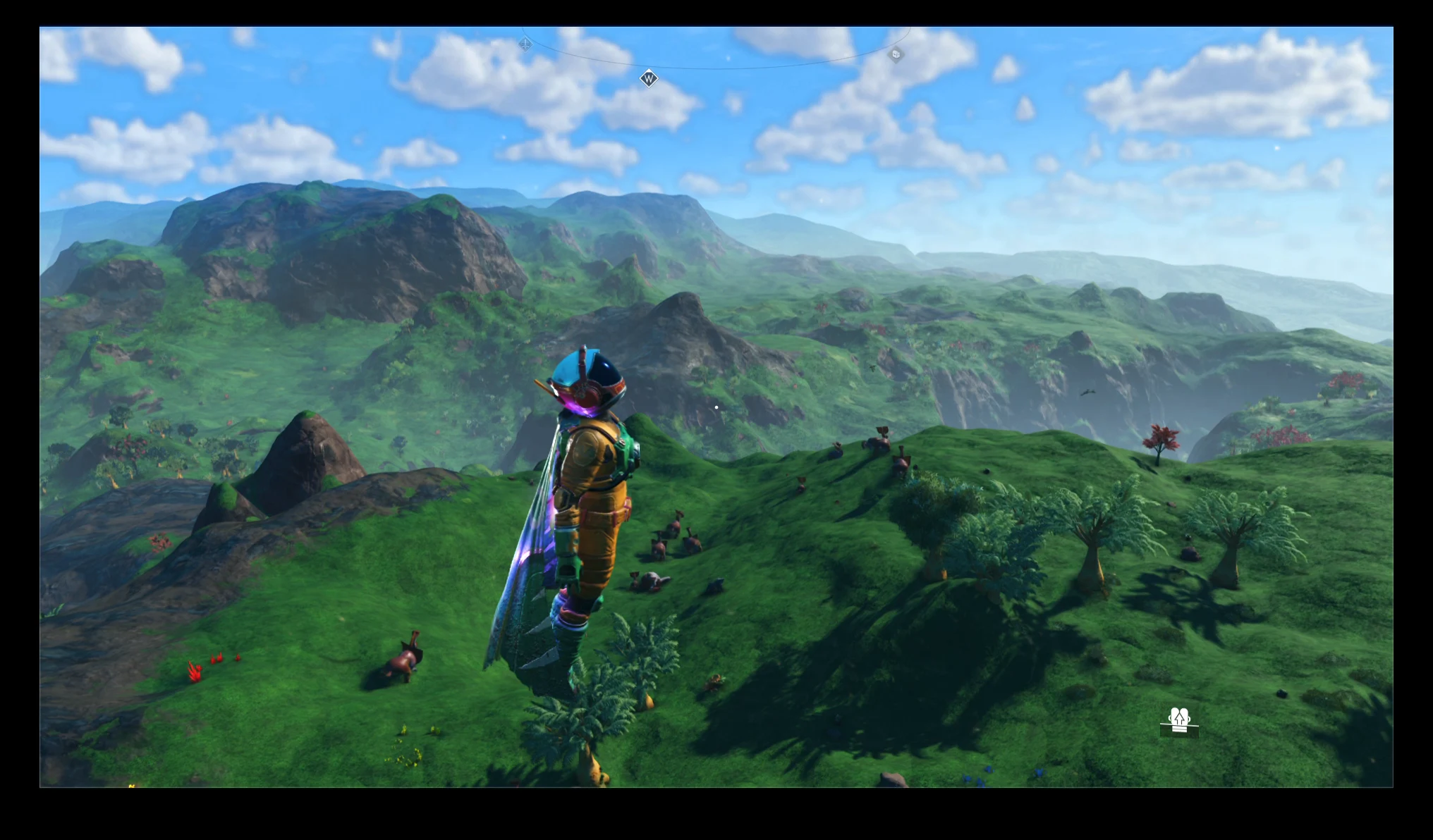 A traveller floating above lush green valleys under a blue sky