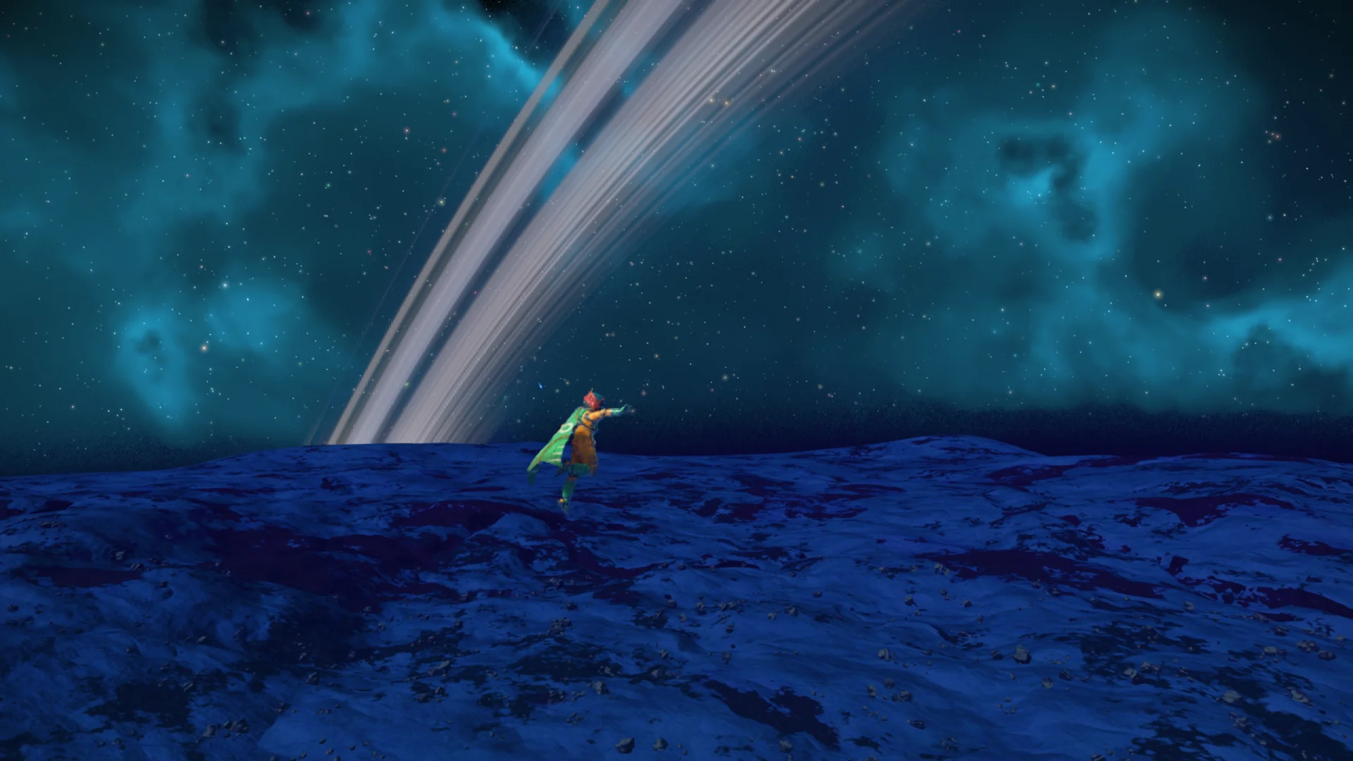 A lone traveller beneath enormous planetary rings in a blue night sky